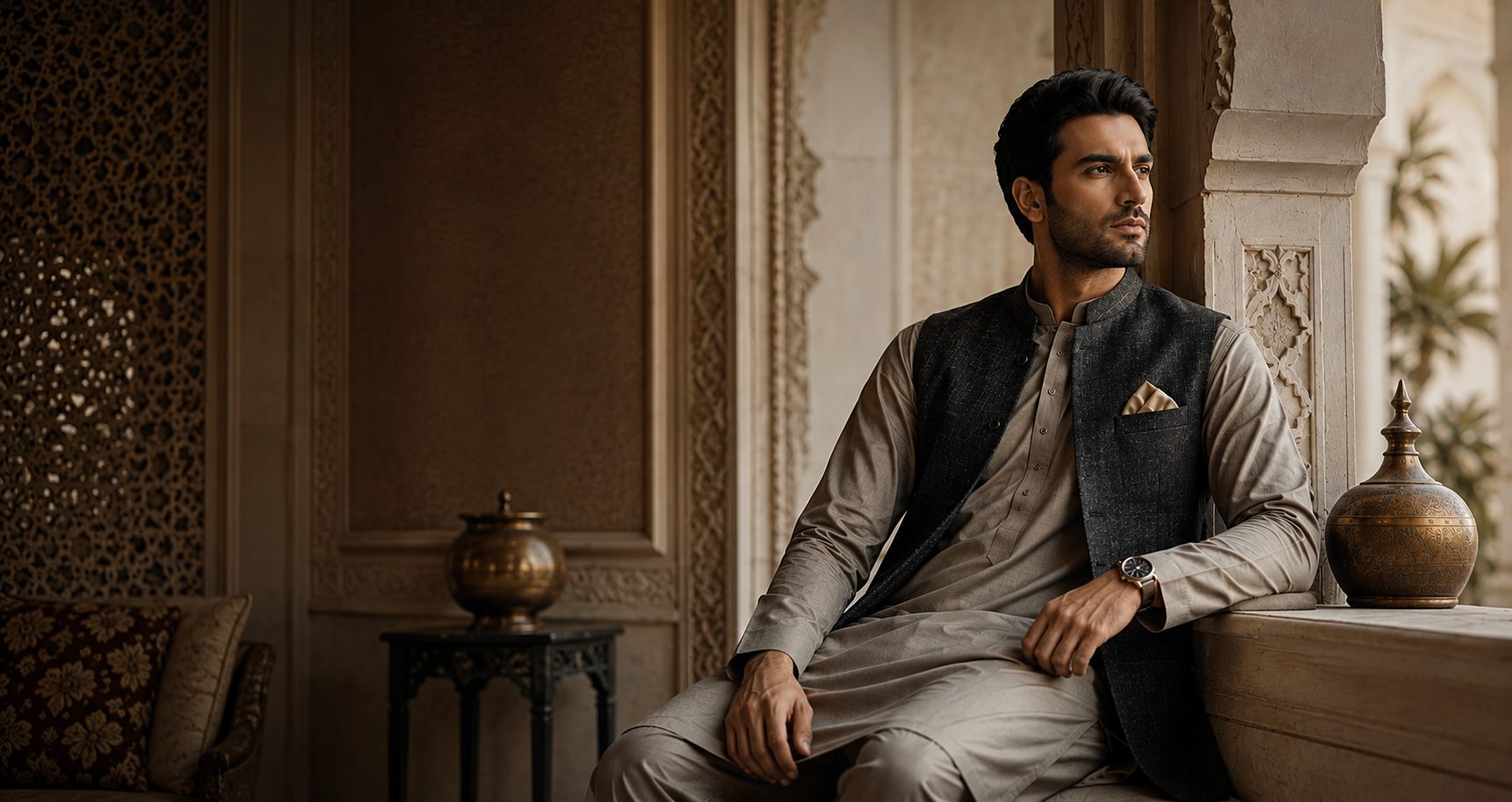 Gentleman in an ivory shalwar kameez and dark waistcoat, seated in a Lahore haveli