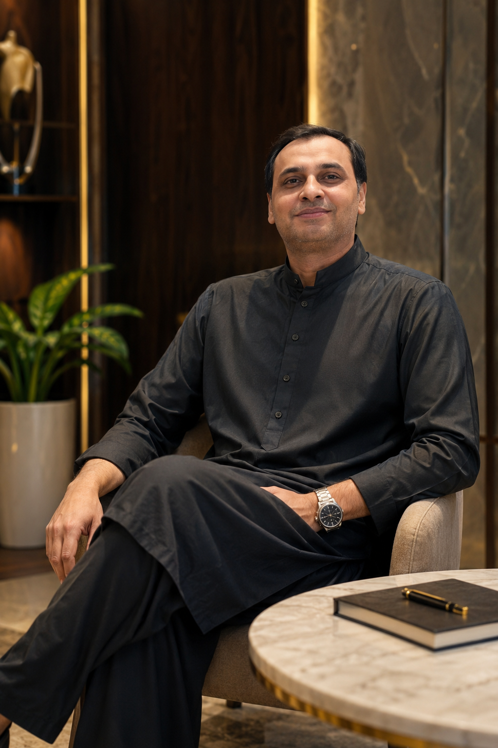 Atif, founder of Atif's, seated in the Lahore atelier