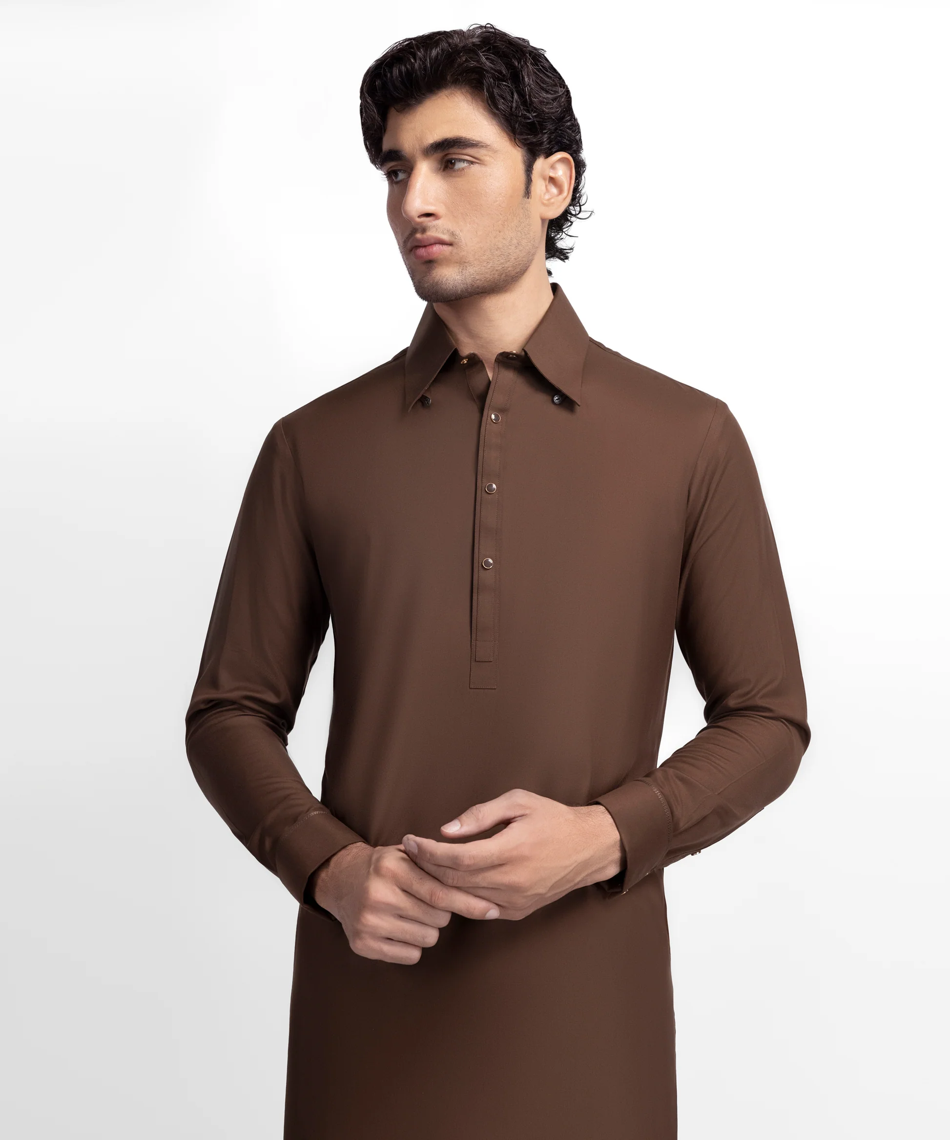 Model in a brown Atif's shalwar kameez