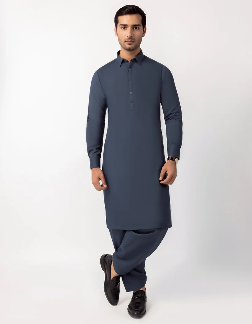 Slate-blue shalwar kameez, full length