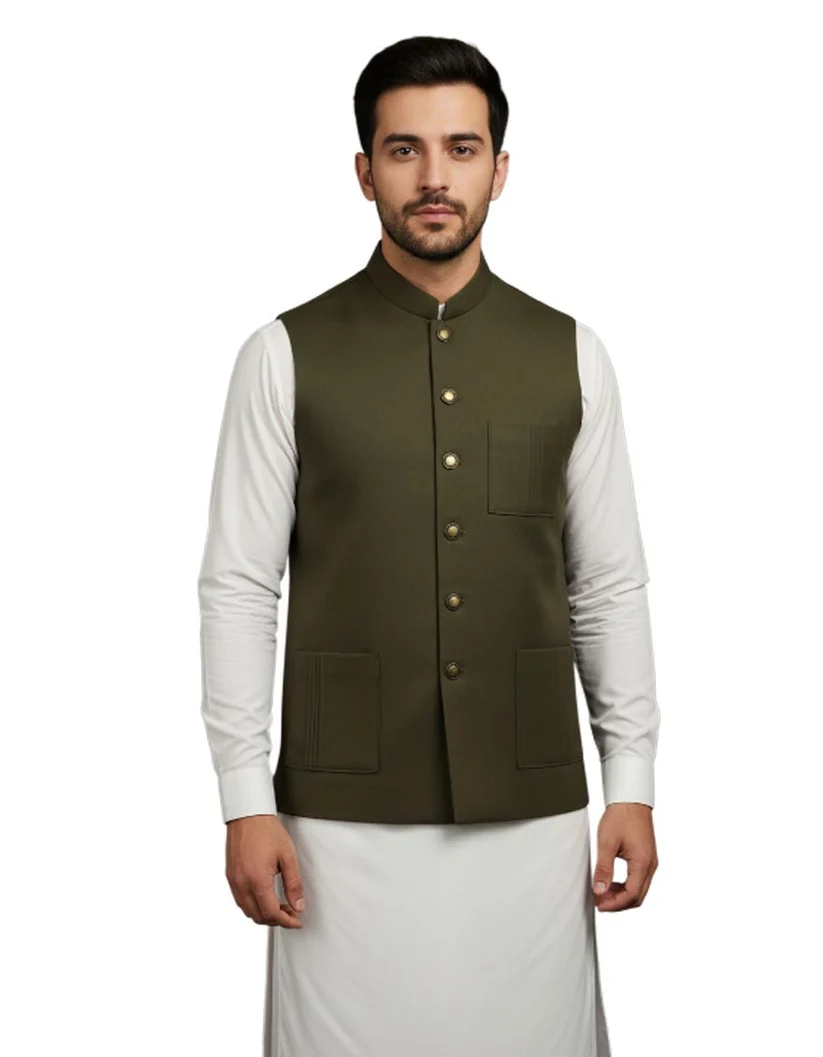 Navy waistcoat with brass buttons over a white kameez