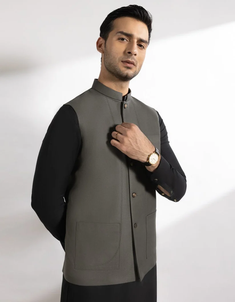 Olive field waistcoat with brass buttons